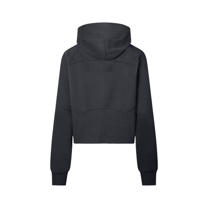 ODMPOD cropped half-zip hoodie in soft fabric, shown in a relaxed fit with a front zipper and ribbed cuffs.