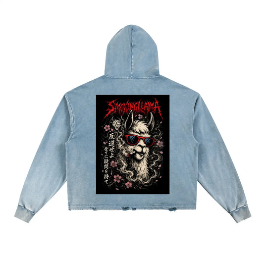 Vintage washed frayed-hem hoodie by ODMPOD featuring a relaxed fit and distressed details in soft, faded fabric.