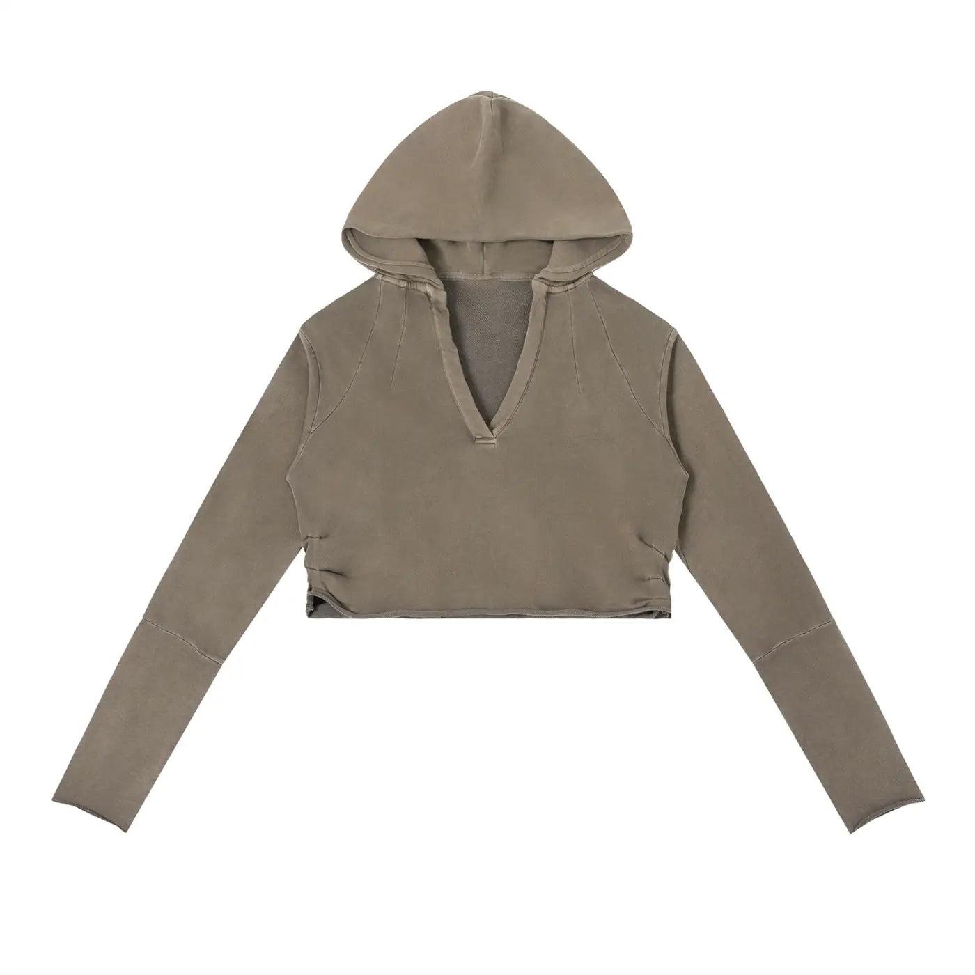 Vintage washed raw edge hoodie by ODMPOD, featuring a relaxed fit and distressed hem, displayed on a hanger.