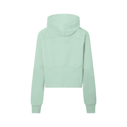 ODMPOD cropped half-zip hoodie featuring a comfortable fit and stylish design, shown in a close-up of the front detail.