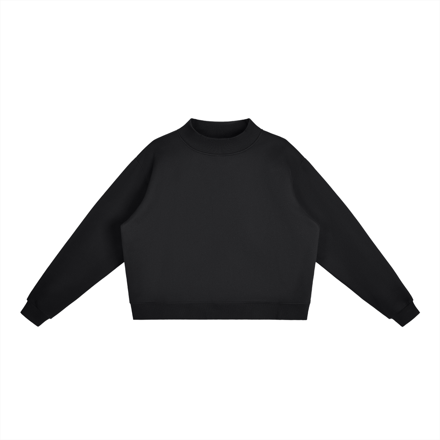 ODMPOD Essential fleece mock-neck crew sweatshirt displayed, featuring soft fabric, ribbed cuffs, and a relaxed fit.