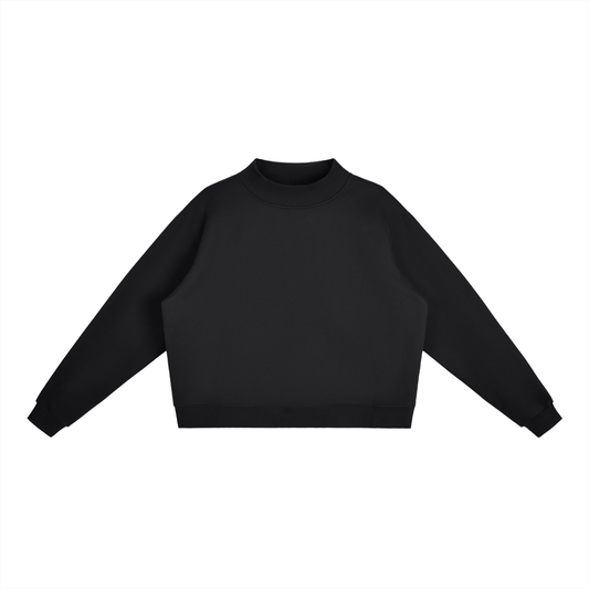 ODMPOD Essential fleece mock-neck crew sweatshirt displayed, featuring soft fabric, ribbed cuffs, and a relaxed fit.