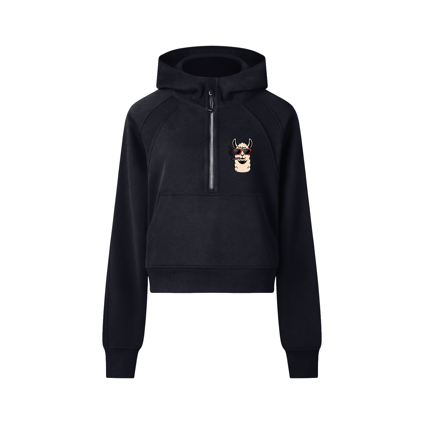 ODMPOD cropped half-zip hoodie in black, showcasing a close-up of the zip detail and soft fabric texture.
