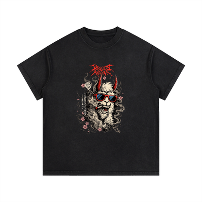 ODMPOD vintage wash cotton t-shirt displayed flat, showcasing its soft fabric and classic fit with a faded, retro-inspired design.