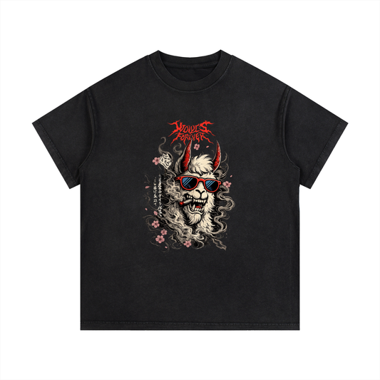 ODMPOD vintage wash cotton t-shirt displayed flat, showcasing its soft fabric and classic fit with a faded, retro-inspired design.