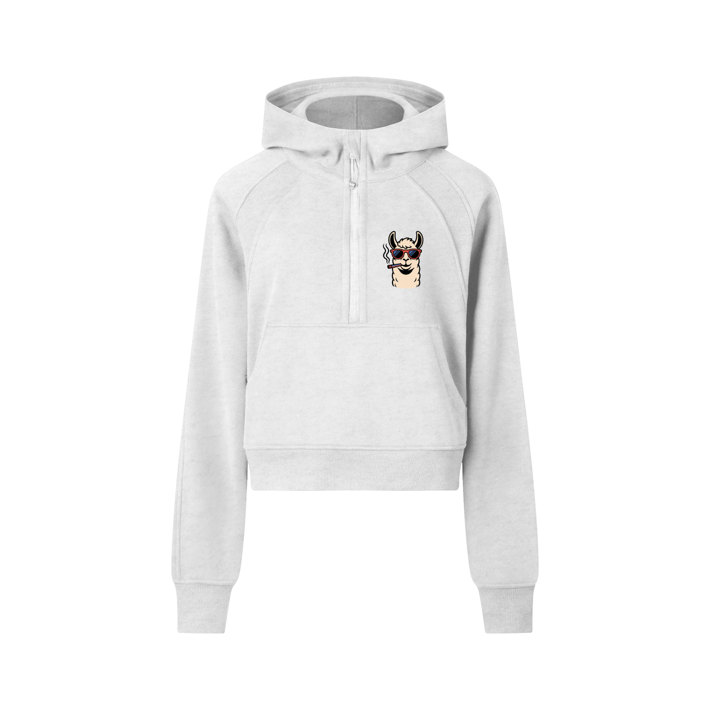 ODMPOD cropped half-zip hoodie with a relaxed fit, showing the zip neckline and casual style on a model.