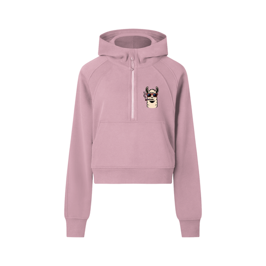 ODMPOD cropped half-zip hoodie in soft fabric, featuring a relaxed fit and adjustable zipper, ideal for casual wear.