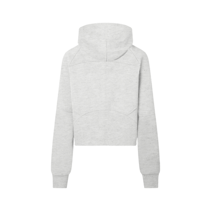 ODMPOD cropped half-zip hoodie in soft fabric, showing a close-up of the stylish half-zip front and comfortable fit.