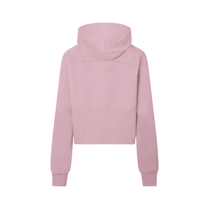 ODMPOD cropped half-zip hoodie shown in black, with a close-up of the front zipper and comfortable fit.
