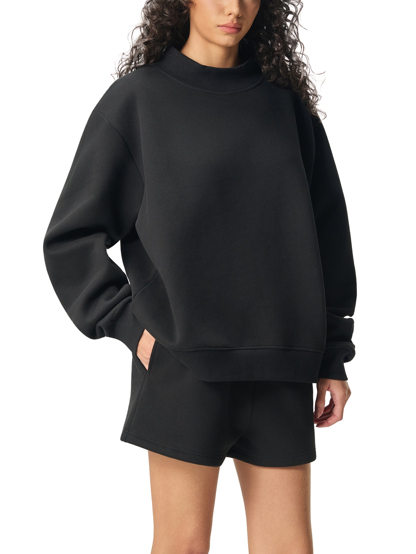ODMPOD Essential fleece mock-neck crew sweatshirt, cozy soft fabric and classic fit, shown in charcoal gray.
