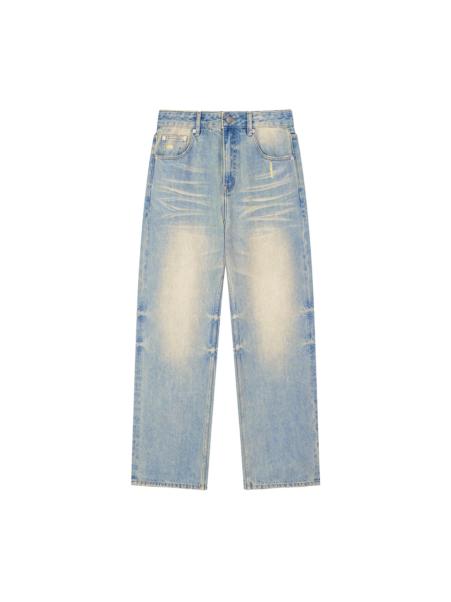 ODMPOD Sun Fade Raw Hem Denim Jeans showing distressed denim with sun-faded wash and raw hem detail.