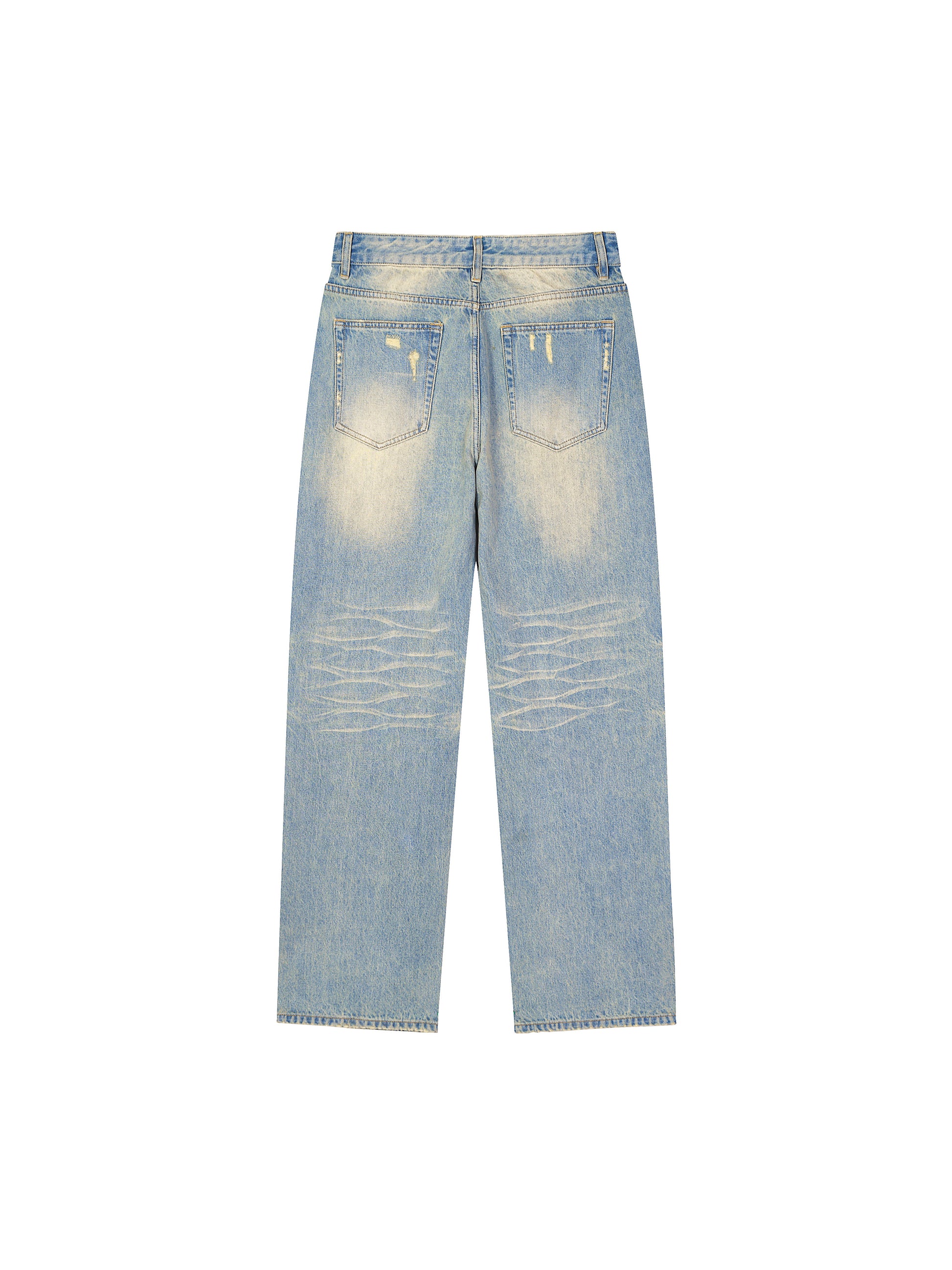 ODMPOD Sun Fade Raw Hem Denim Jeans showing distressed raw hem and faded sun-washed denim fabric