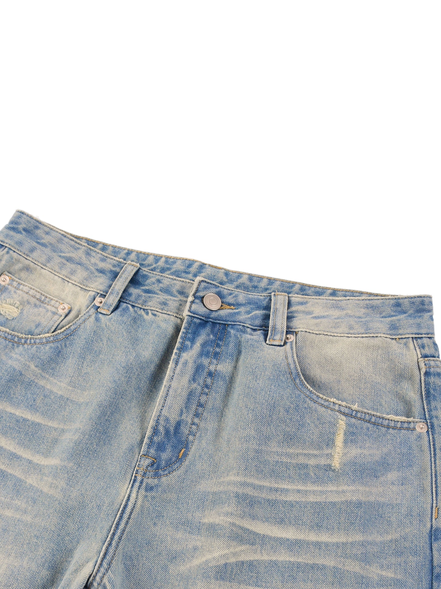 ODMPOD Sun Fade Raw Hem Denim Jeans showing faded blue raw denim with distressed hems and classic fit.