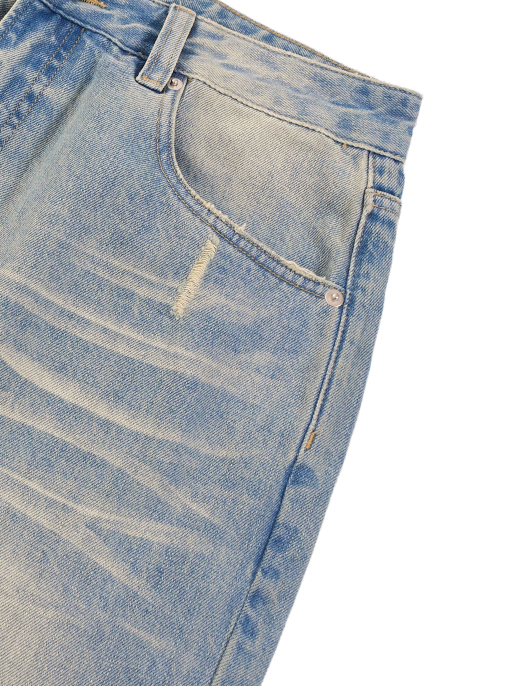 ODMPOD Sun Fade Raw Hem Denim Jeans featuring distressed, faded denim with raw hem detail and classic fit.