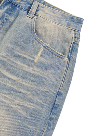 ODMPOD Sun Fade Raw Hem Denim Jeans featuring distressed, faded denim with raw hem detail and classic fit.