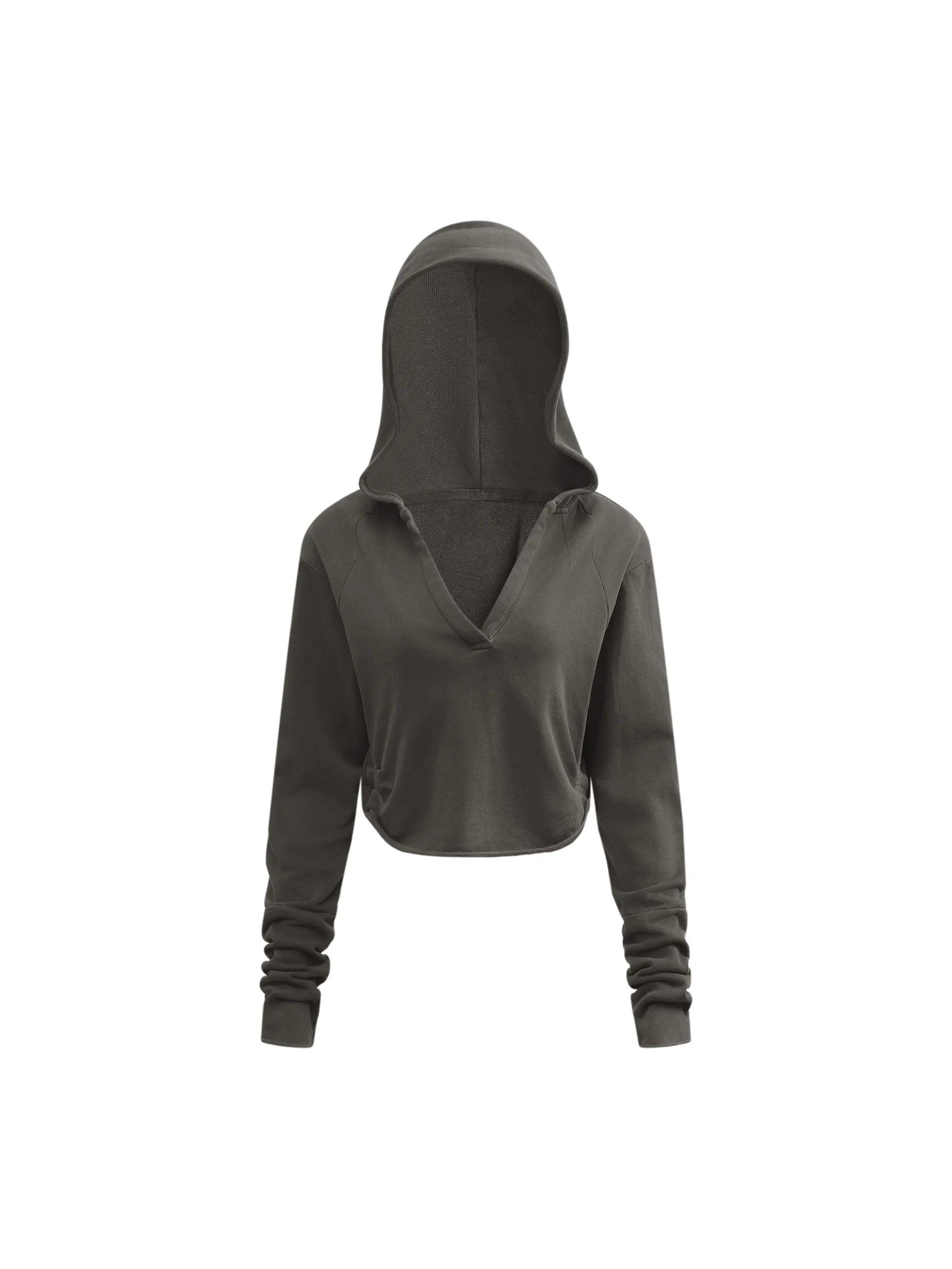 Vintage washed raw edge hoodie from ODMPOD featuring a casual, distressed look and soft fabric for a relaxed style.