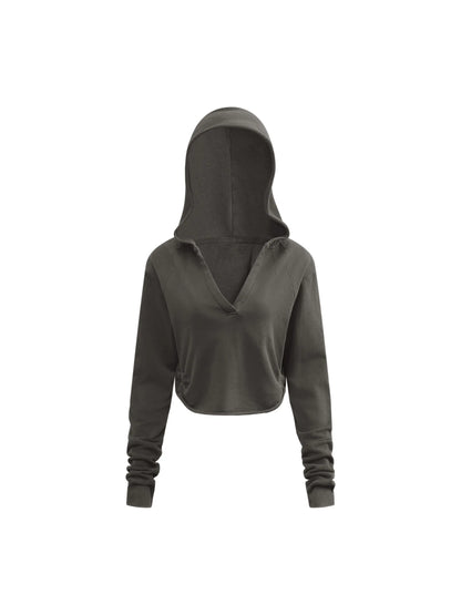 Vintage washed raw edge hoodie from ODMPOD featuring a casual, distressed look and soft fabric for a relaxed style.