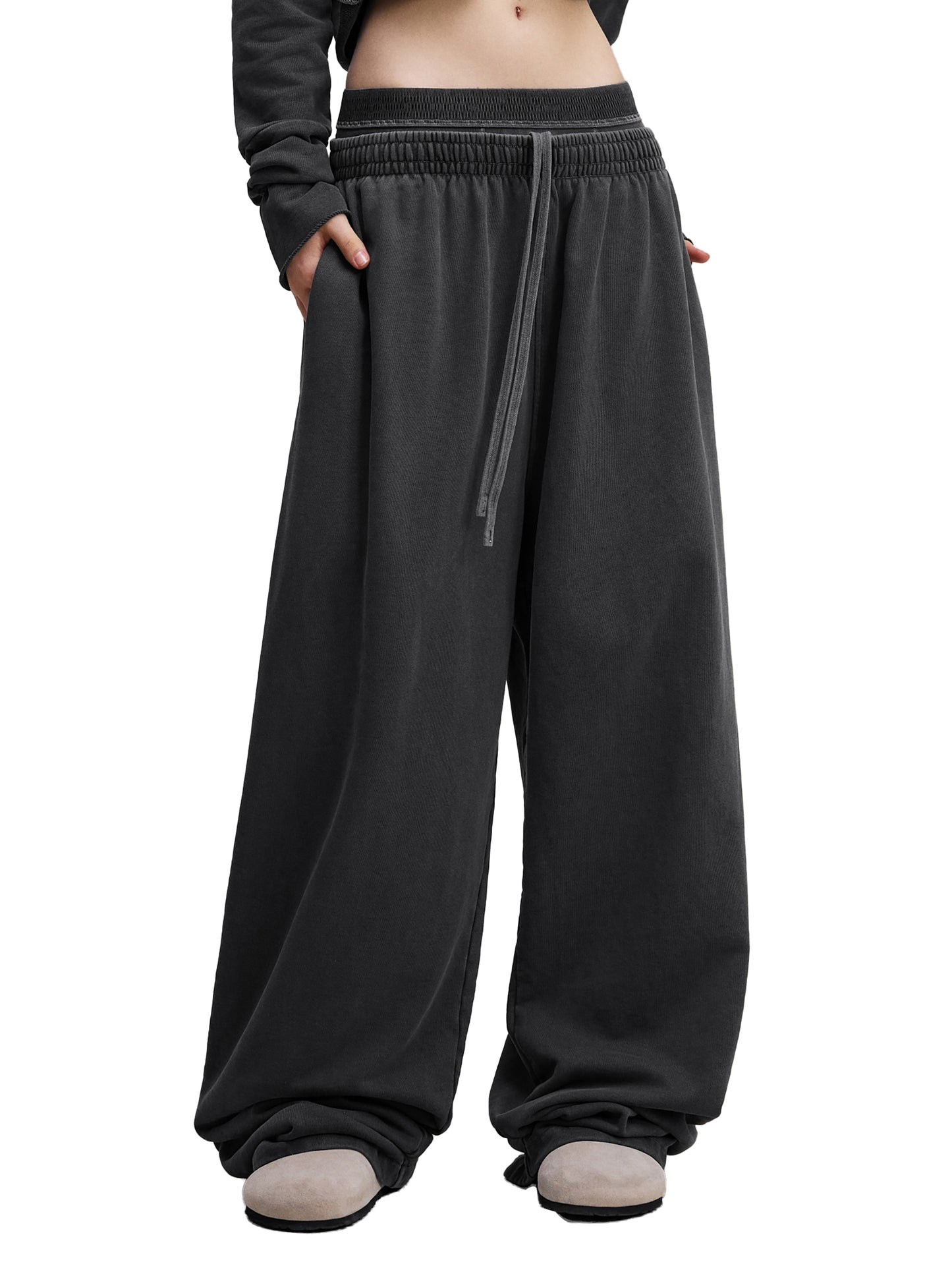 ODMPOD vintage washed waist pants displayed on a model, showcasing relaxed fit and casual style.