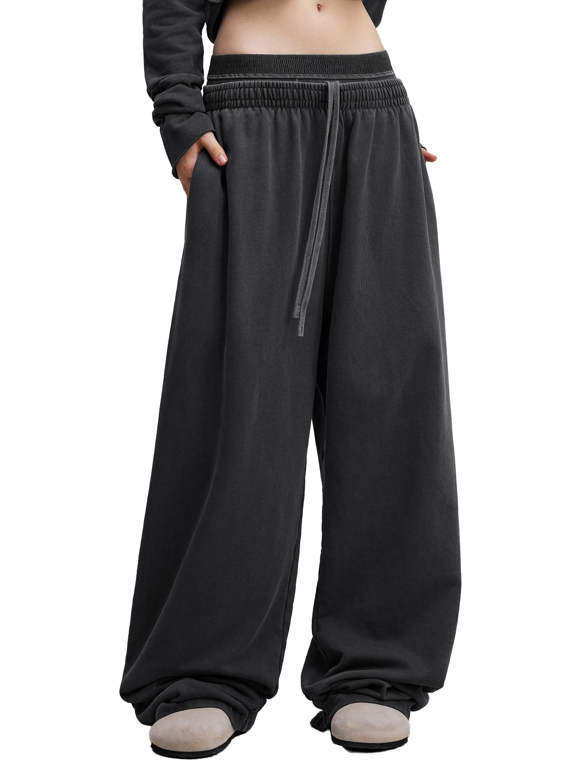 ODMPOD vintage washed waist pants displayed on a model, showcasing relaxed fit and casual style.