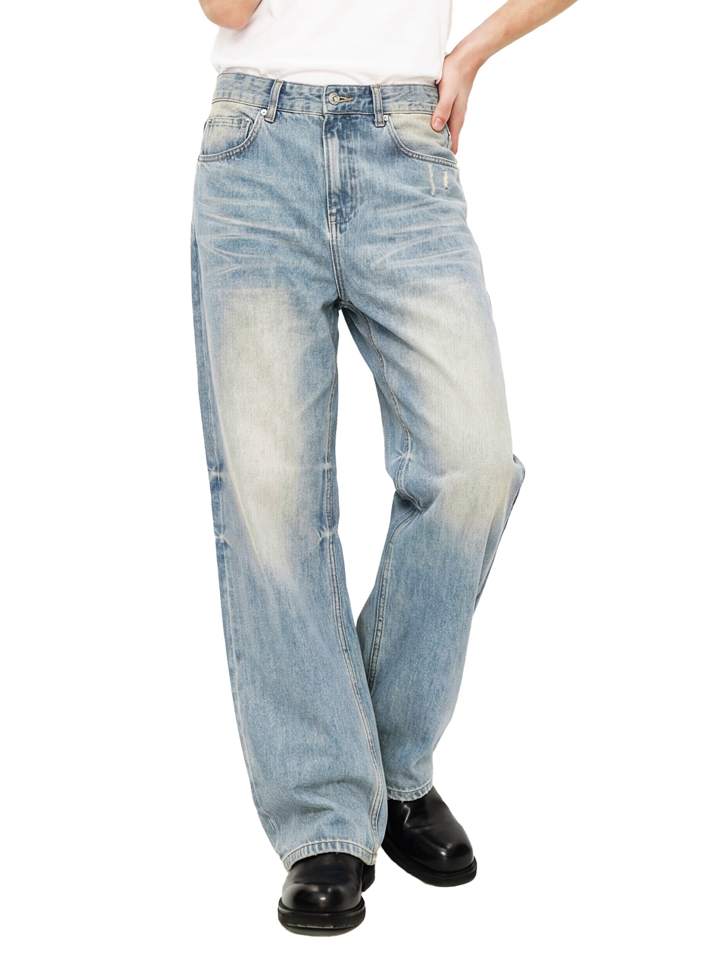 ODMPOD Sun Fade Raw Hem Denim Jeans showing distressed raw hem and faded sun-worn denim fabric.