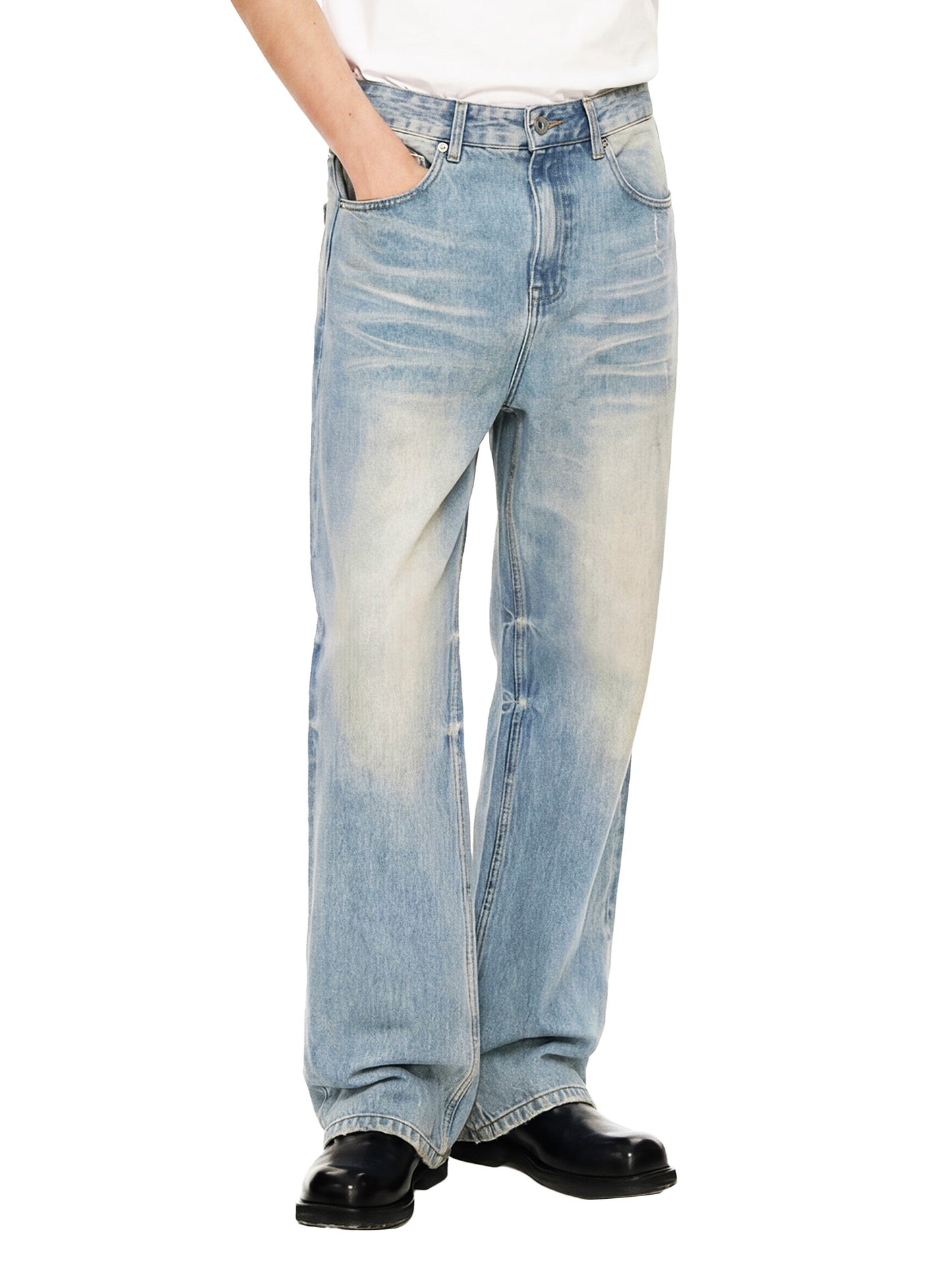ODMPOD Sun Fade Raw Hem Denim Jeans featuring distressed raw hem and sun-faded blue denim fabric.
