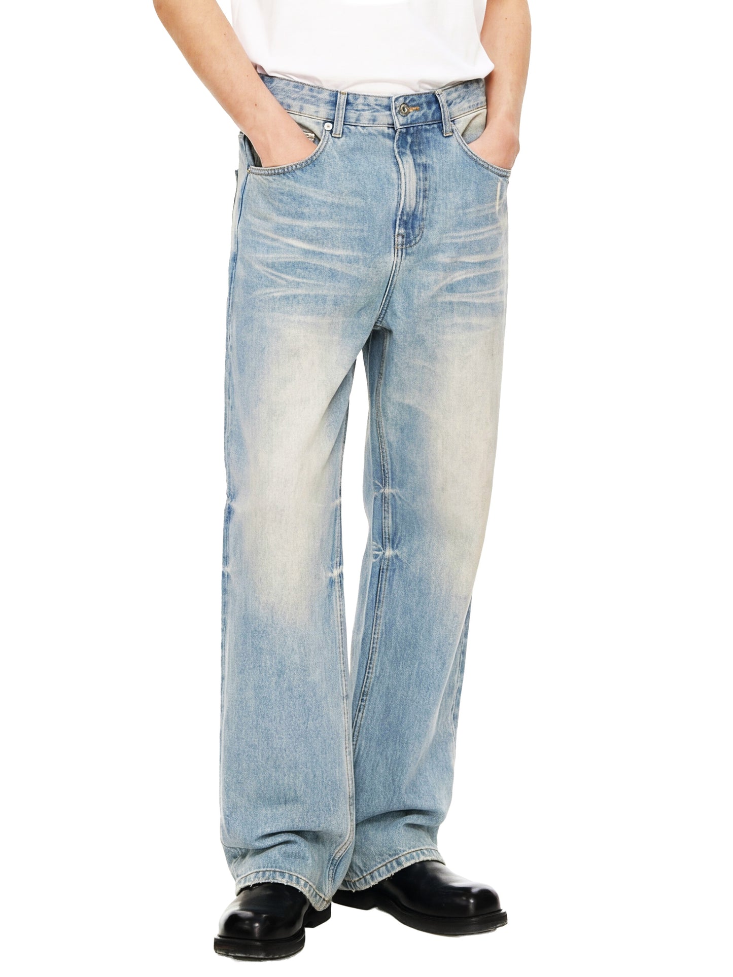 ODMPOD Sun Fade Raw Hem Denim Jeans showing distressed raw hem and faded sun-washed denim fabric.