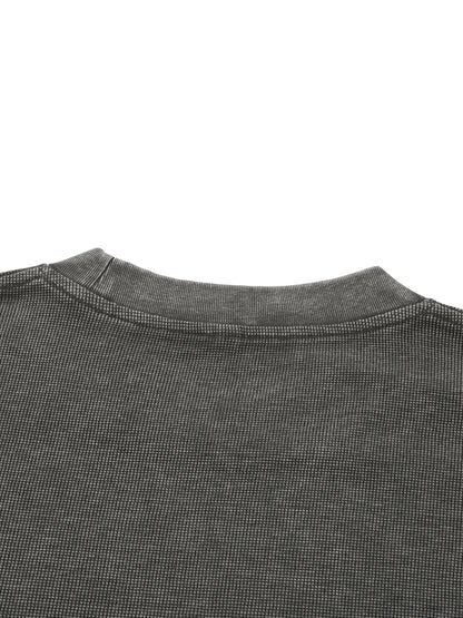 ODMPOD mineral wash waffle knit T-shirt, close-up of soft fabric texture and washed finish, casual men's or women's top.